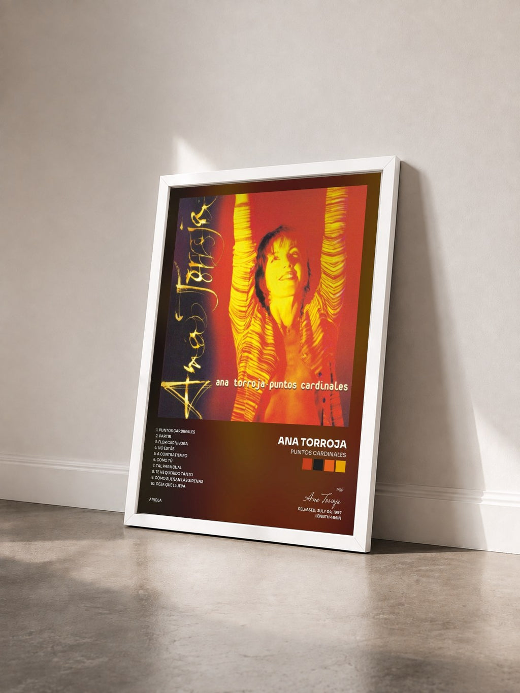 #blanc Tableau de l'album Puntos Cardinales de Ana Torroja vu de trois quarts, cadre blanc