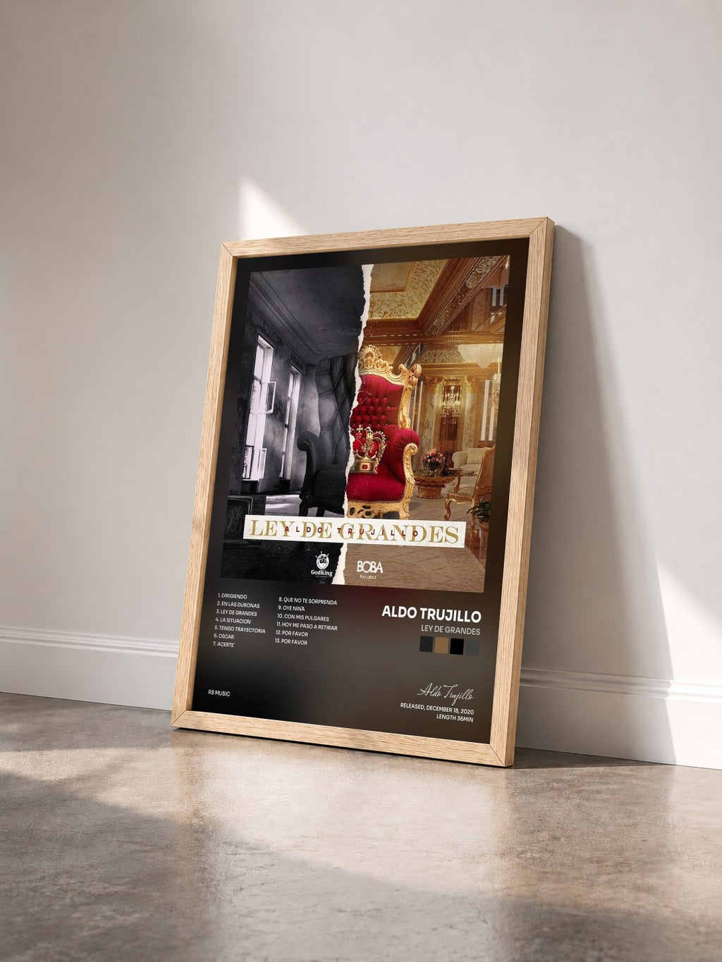 #bois Tableau de l'album Ley De Grandes de Aldo Trujillo vu de trois quarts, cadre en bois brut