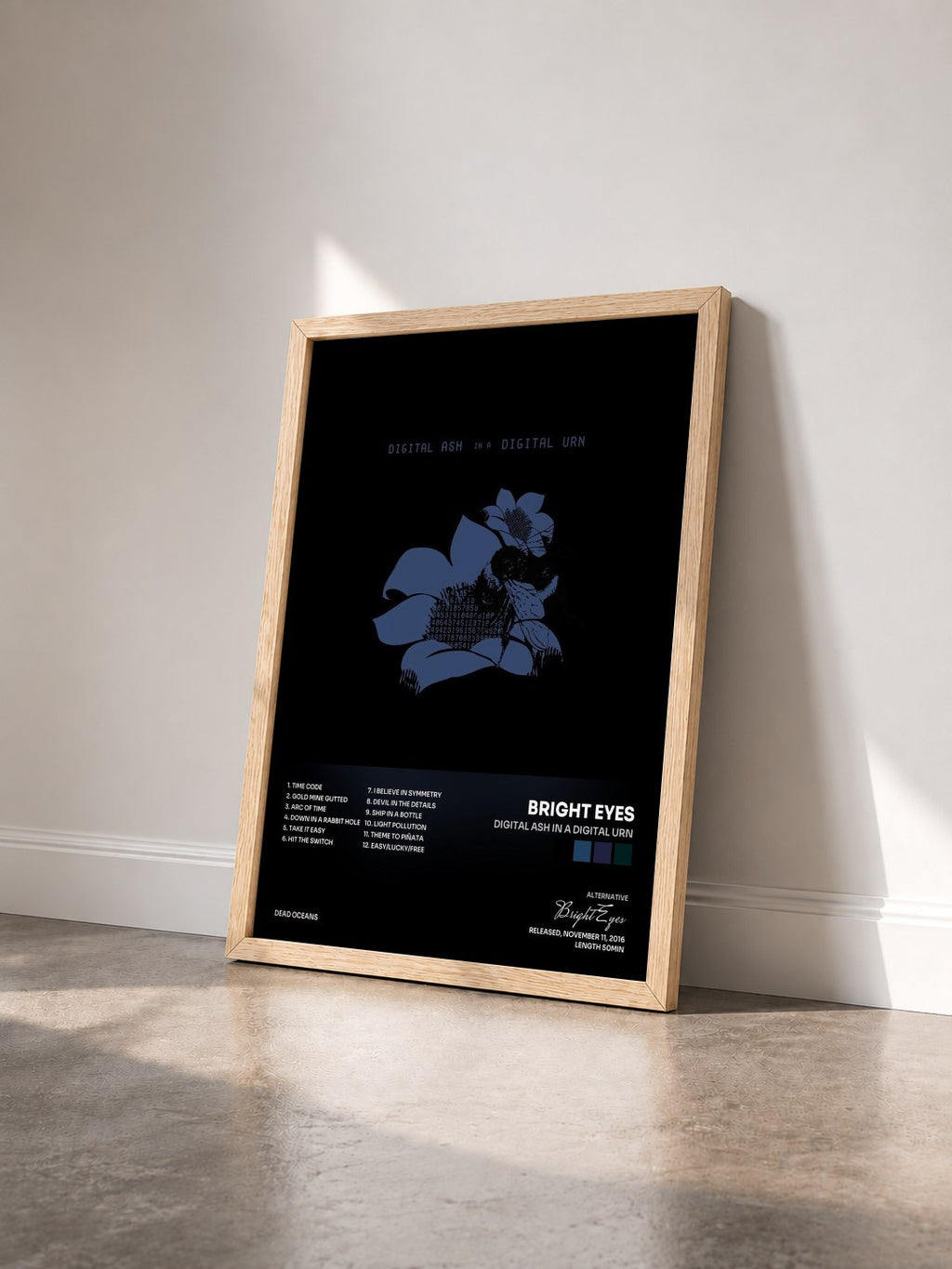 #bois Tableau de l'album Digital Ash in a Digital Urn de Bright Eyes vu de trois quarts, cadre en bois brut