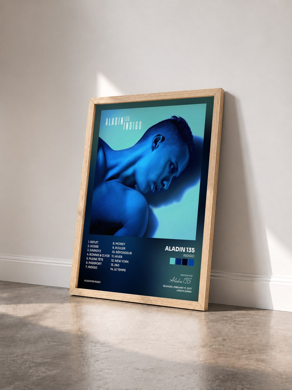 #bois Tableau de l'album Indigo de Aladin 135 vu de trois quarts, cadre en bois brut