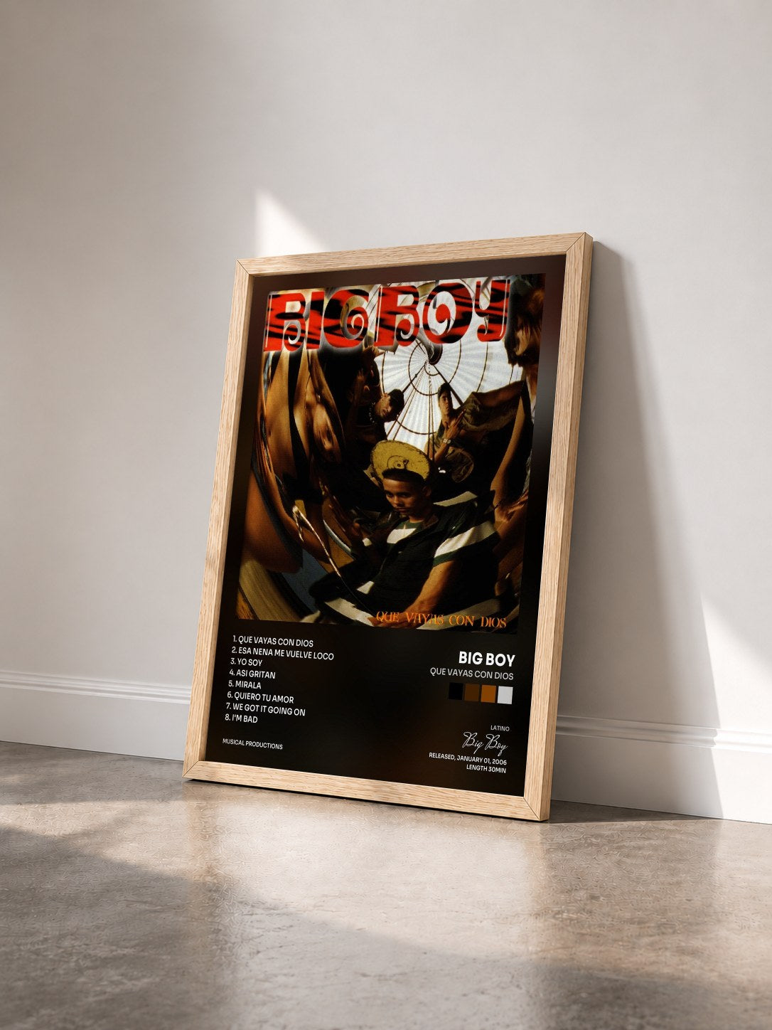 #bois Tableau de l'album Que Vayas Con Dios de Big Boy vu de trois quarts, cadre en bois brut