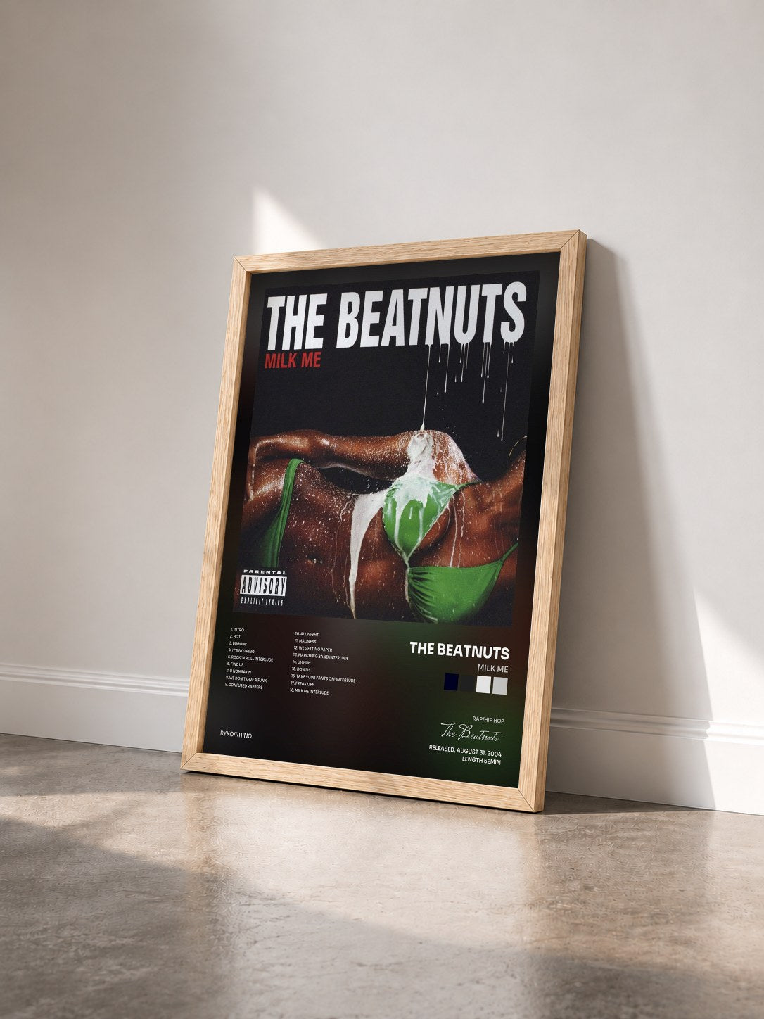 #bois Tableau de l'album Milk Me de The Beatnuts vu de trois quarts, cadre en bois brut