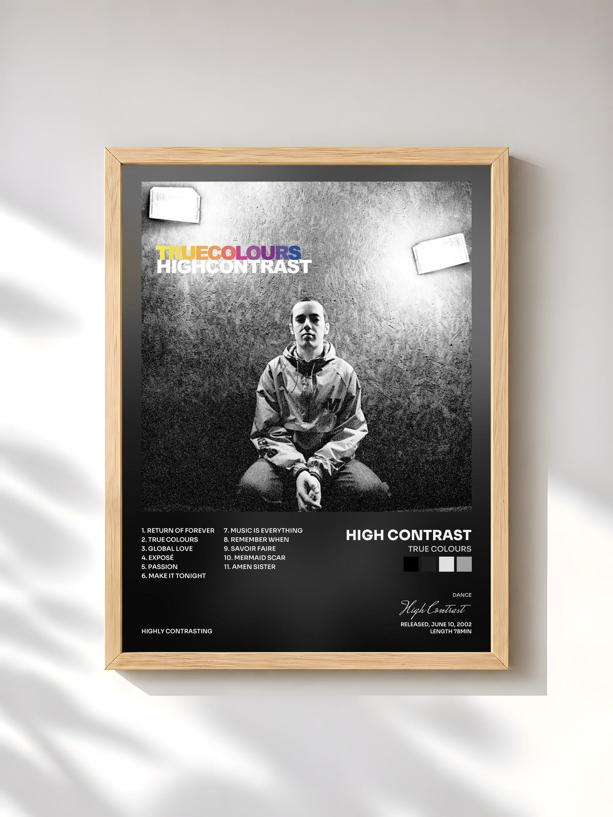 #bois Tableau de l'album True Colours de High Contrast, cadre en bois brut, imprimé et encadré en France