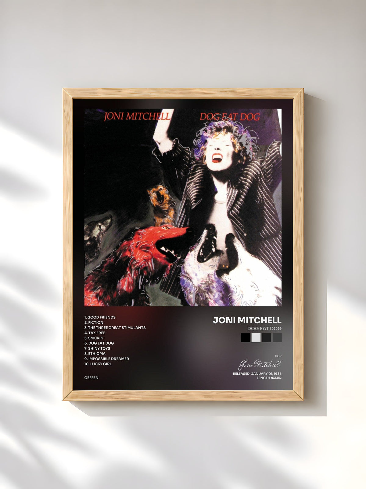 #bois Tableau de l'album Dog Eat Dog de Joni Mitchell, cadre en bois brut, imprimé et encadré en France