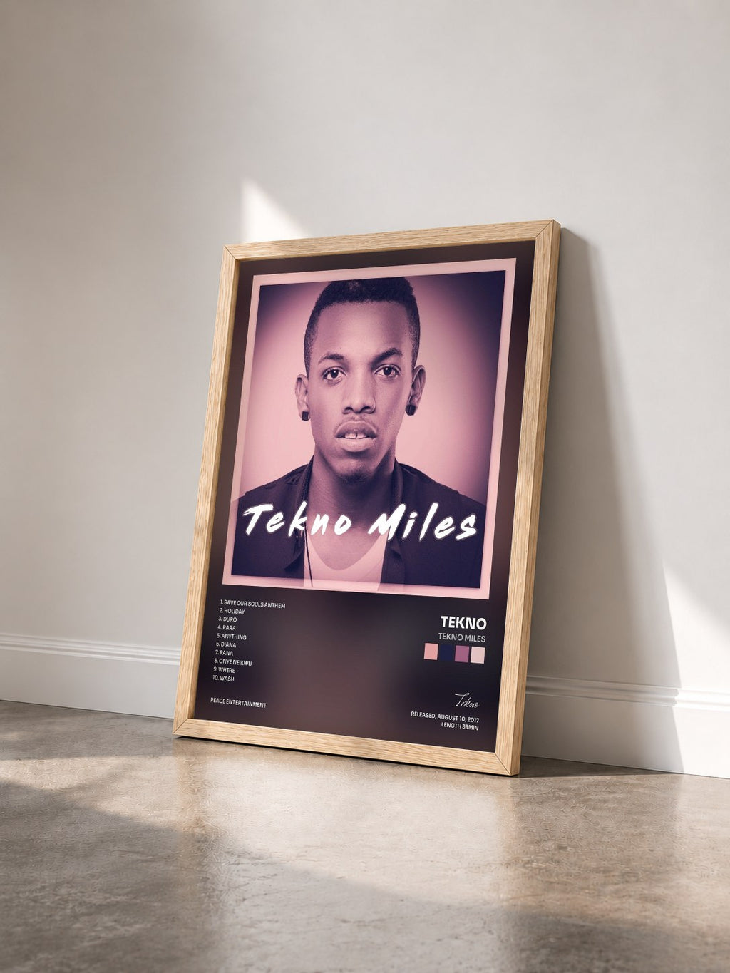 #bois Tableau de l'album Tekno Miles de Tekno vu de trois quarts, cadre en bois brut