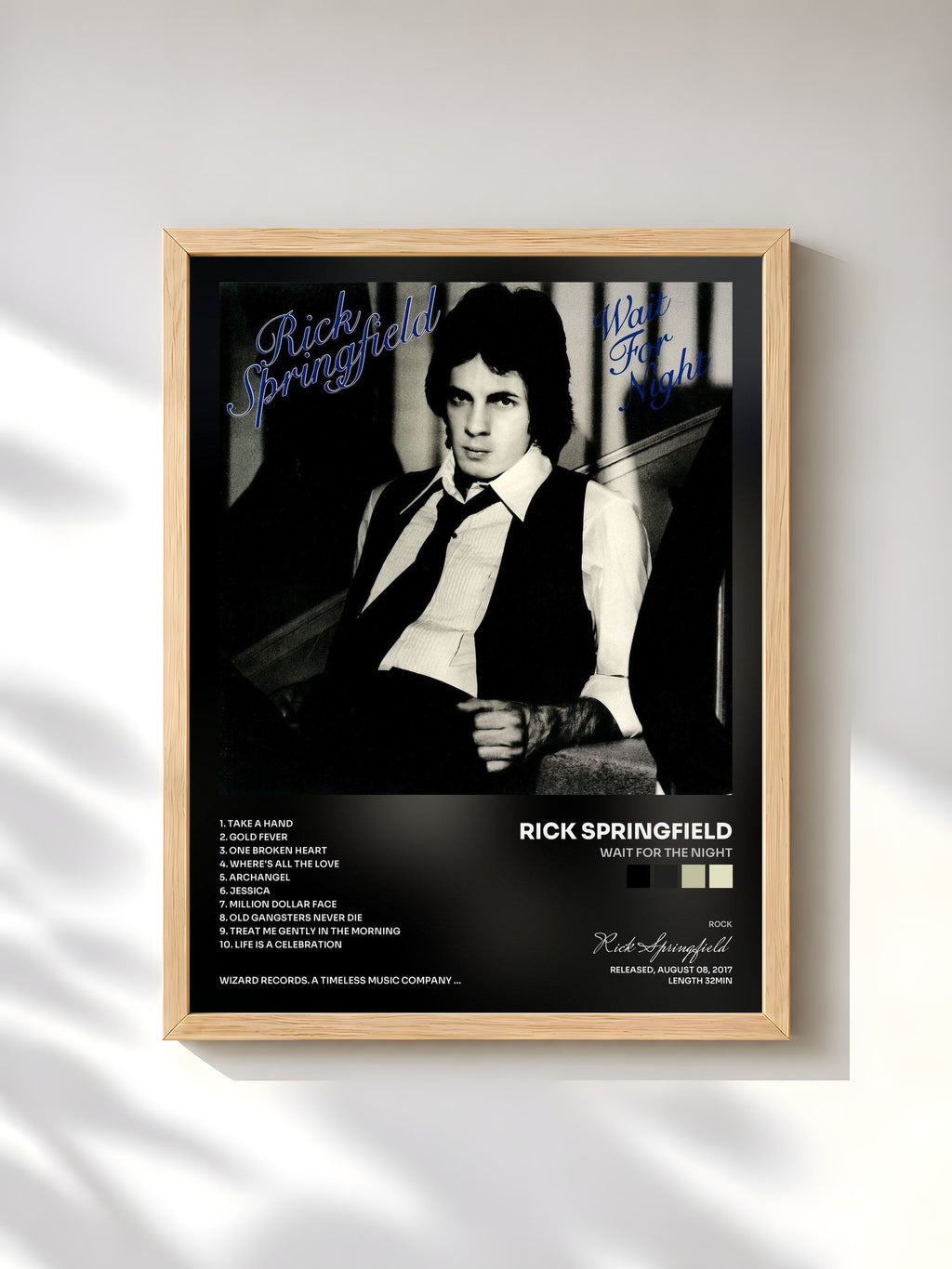 #bois Tableau de l'album Wait for the Night de Rick Springfield, cadre en bois brut, imprimé et encadré en France
