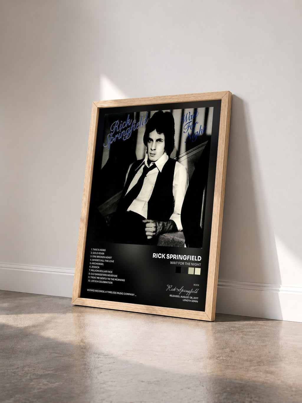 #bois Tableau de l'album Wait for the Night de Rick Springfield vu de trois quarts, cadre en bois brut