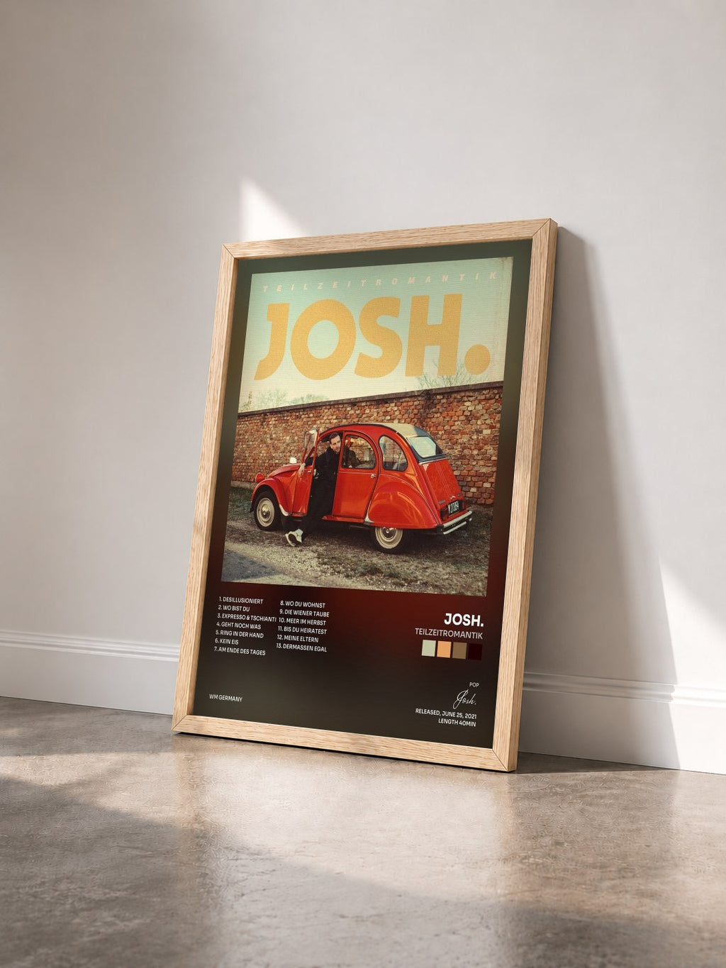 #bois Tableau de l'album Teilzeitromantik de Josh. vu de trois quarts, cadre en bois brut