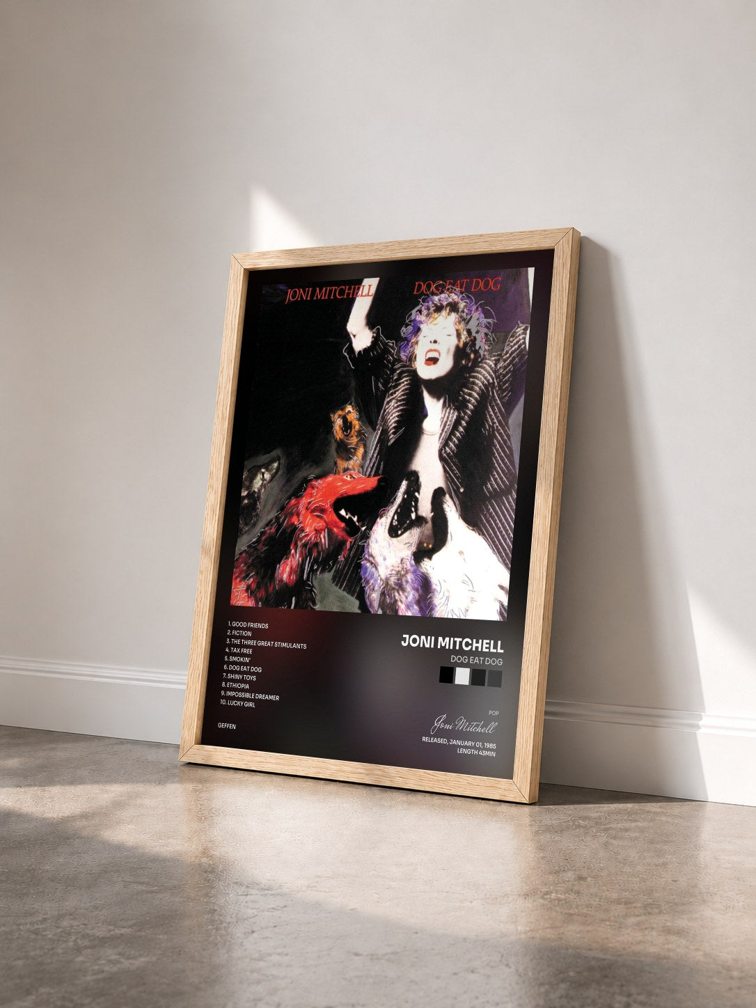 #bois Tableau de l'album Dog Eat Dog de Joni Mitchell vu de trois quarts, cadre en bois brut