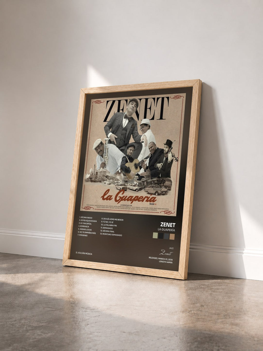 #bois Tableau de l'album La Guapería de Zenet vu de trois quarts, cadre en bois brut