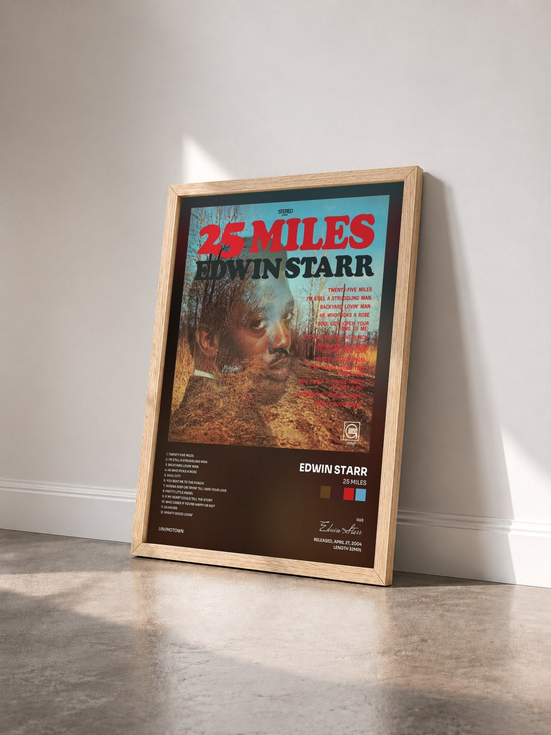 #bois Tableau de l'album 25 Miles de Edwin Starr vu de trois quarts, cadre en bois brut