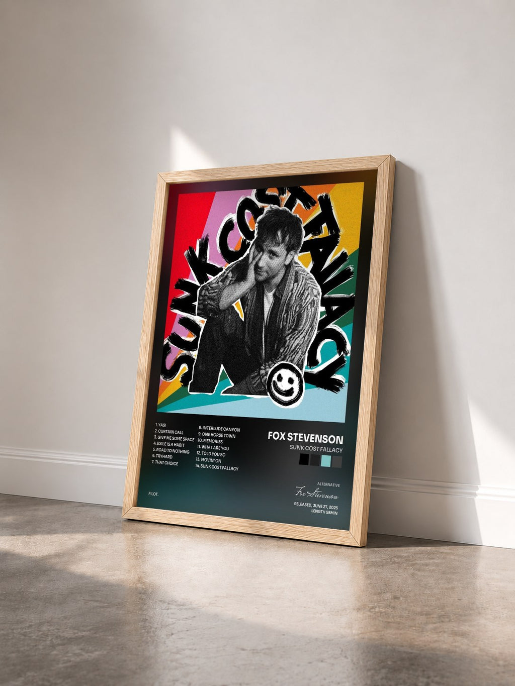 #bois Tableau de l'album Sunk Cost Fallacy de Fox Stevenson vu de trois quarts, cadre en bois brut
