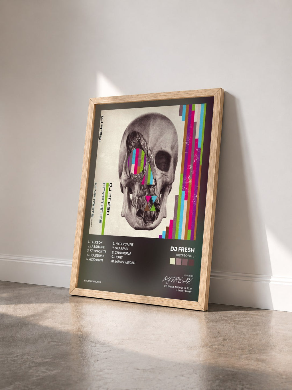 #bois Tableau de l'album Kryptonite de DJ FRESH vu de trois quarts, cadre en bois brut