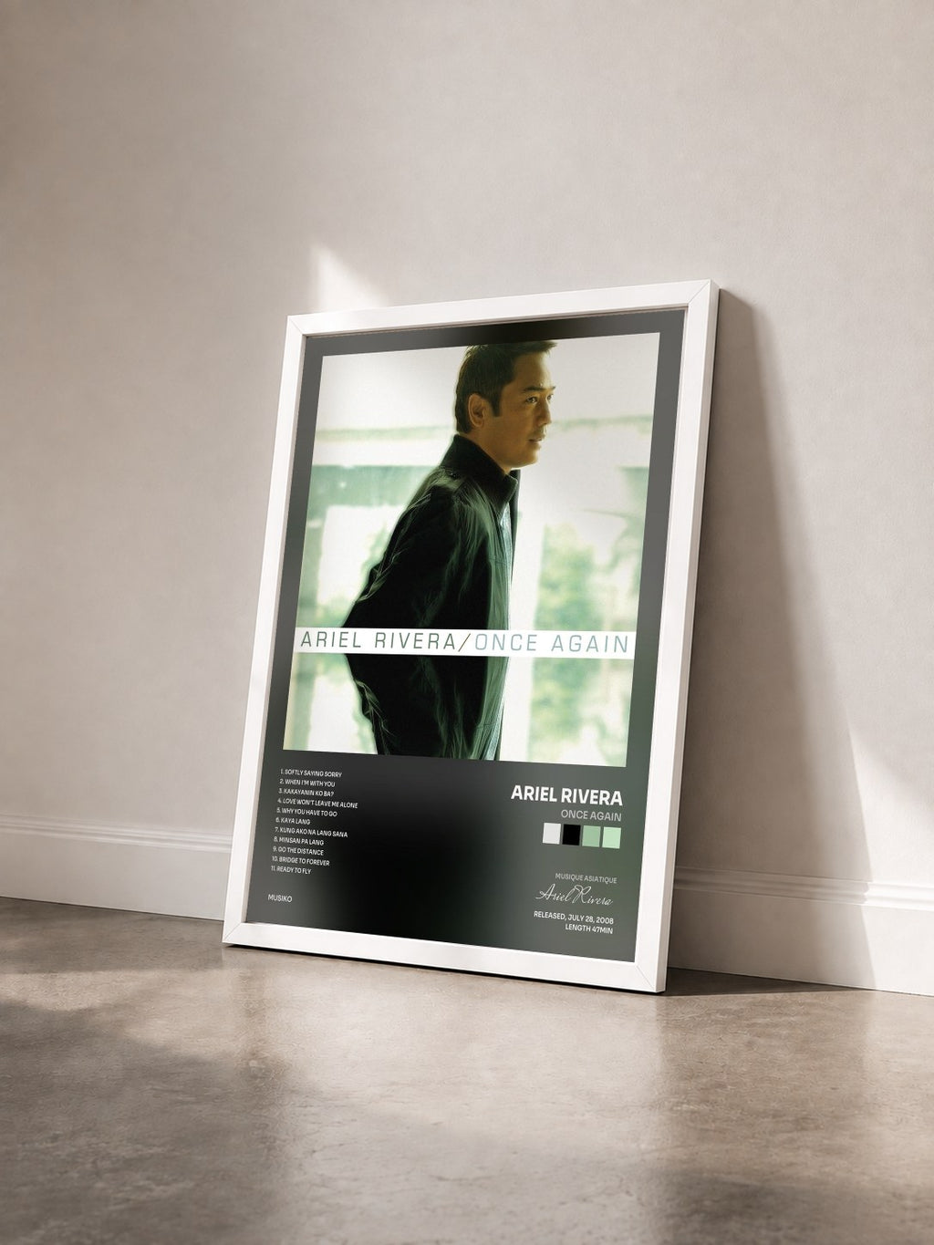 #blanc Tableau de l'album Once Again de Ariel Rivera vu de trois quarts, cadre blanc