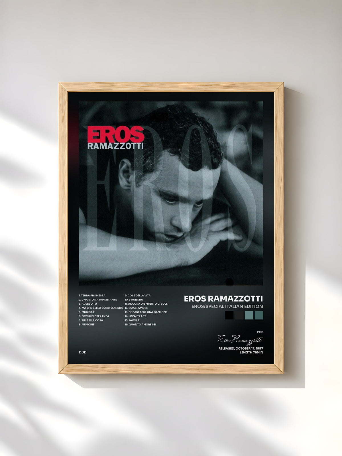 #bois Tableau de l'album Eros/Special Italian Edition de Eros Ramazzotti, cadre en bois brut, imprimé et encadré en France