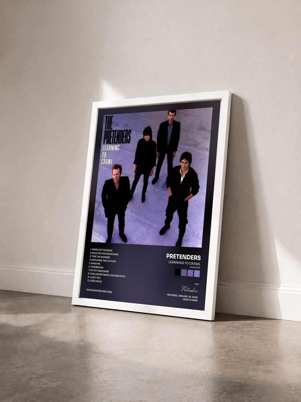 #blanc Tableau de l'album Learning to Crawl (US Release) de Pretenders vu de trois quarts, cadre blanc