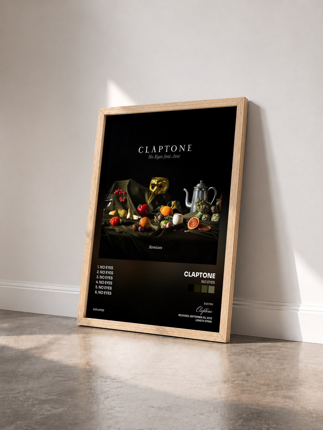 #bois Tableau de l'album No Eyes de Claptone vu de trois quarts, cadre en bois brut