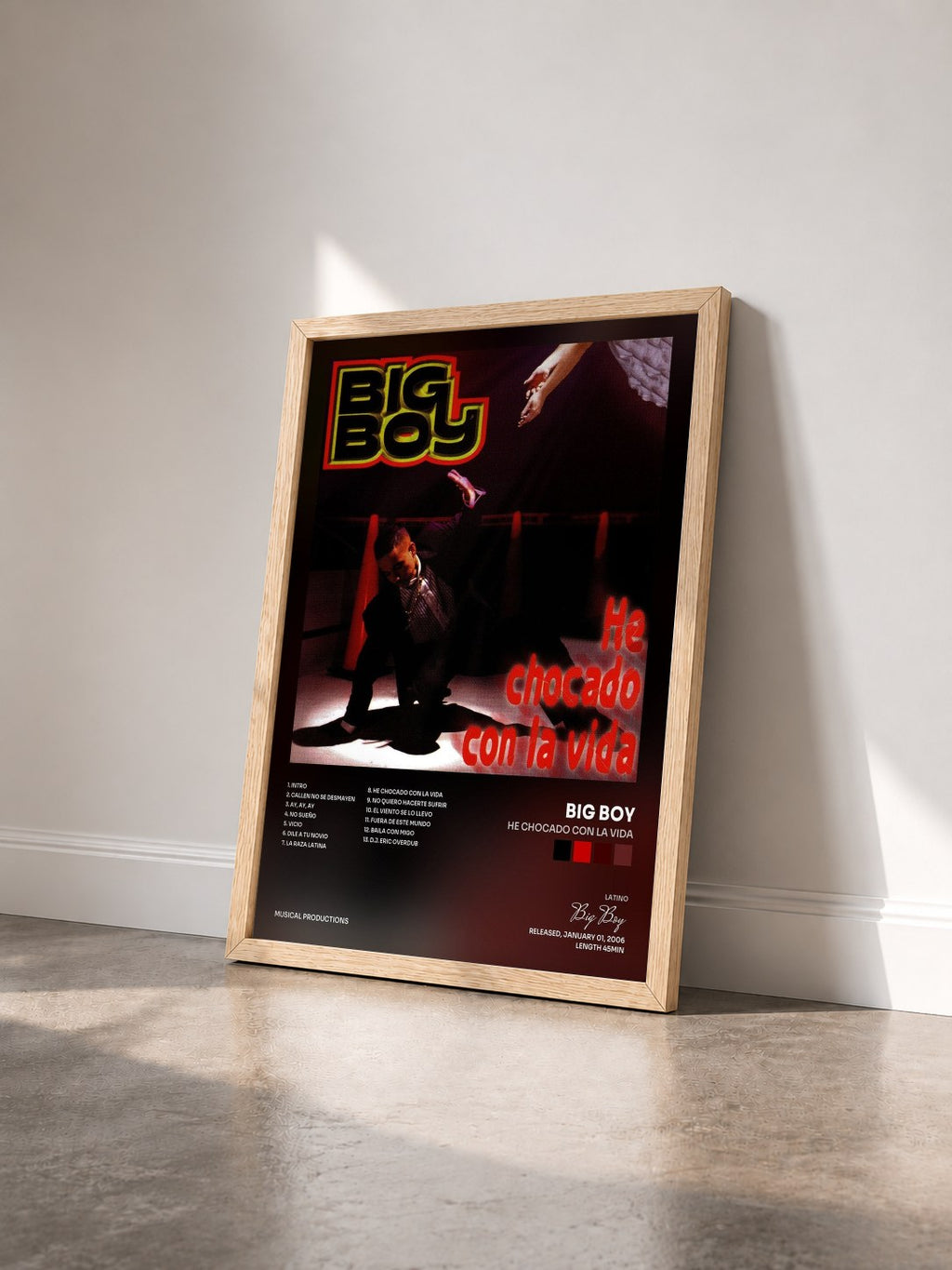 #bois Tableau de l'album He Chocado Con La Vida de Big Boy vu de trois quarts, cadre en bois brut