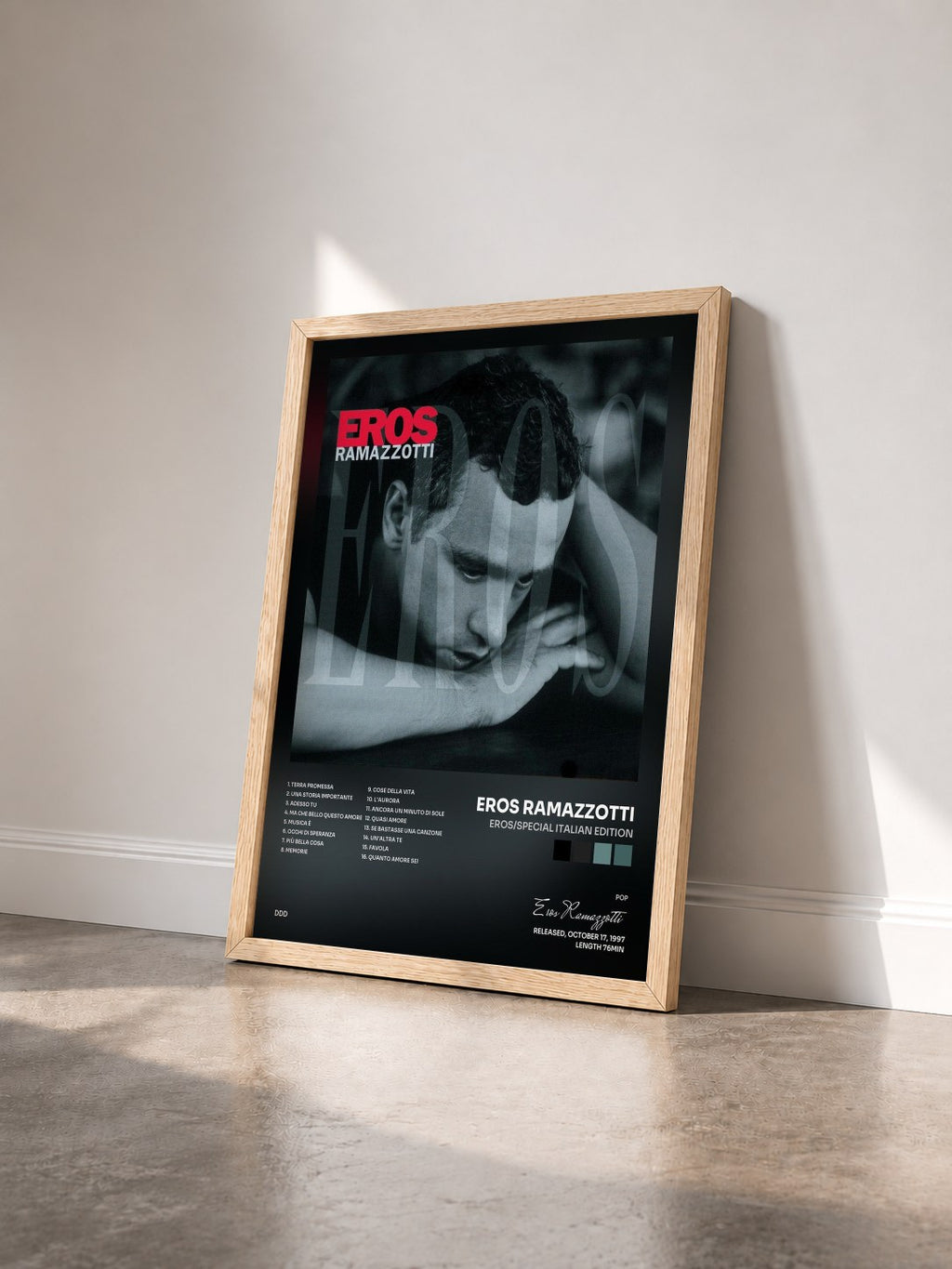 #bois Tableau de l'album Eros/Special Italian Edition de Eros Ramazzotti vu de trois quarts, cadre en bois brut