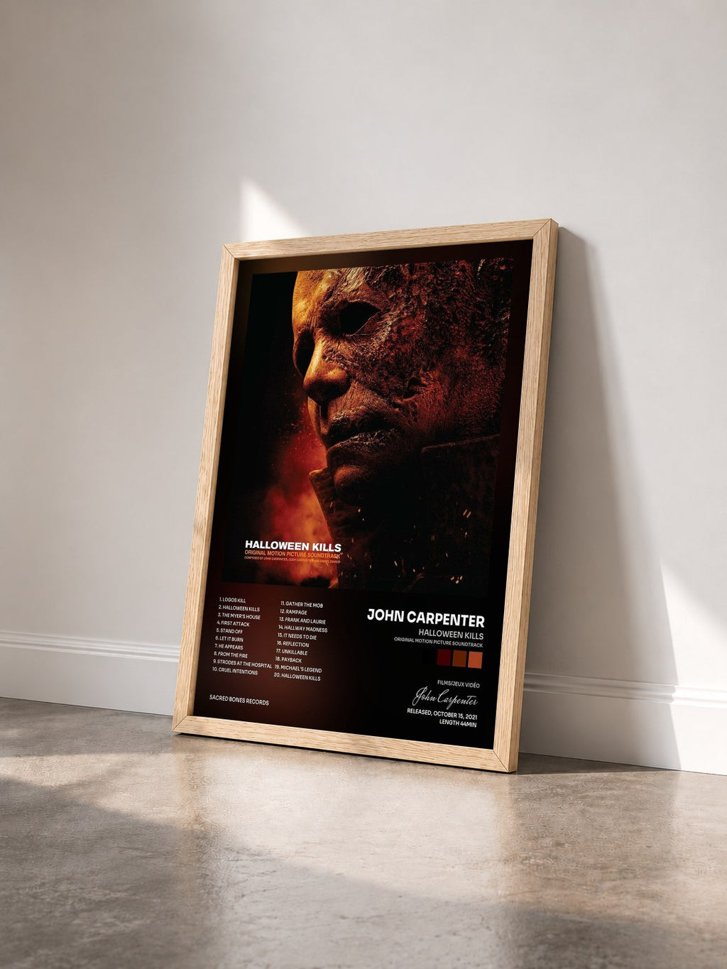 #bois Tableau de l'album Halloween Kills (Original Motion Picture Soundtrack) de John Carpenter vu de trois quarts, cadre en bois brut