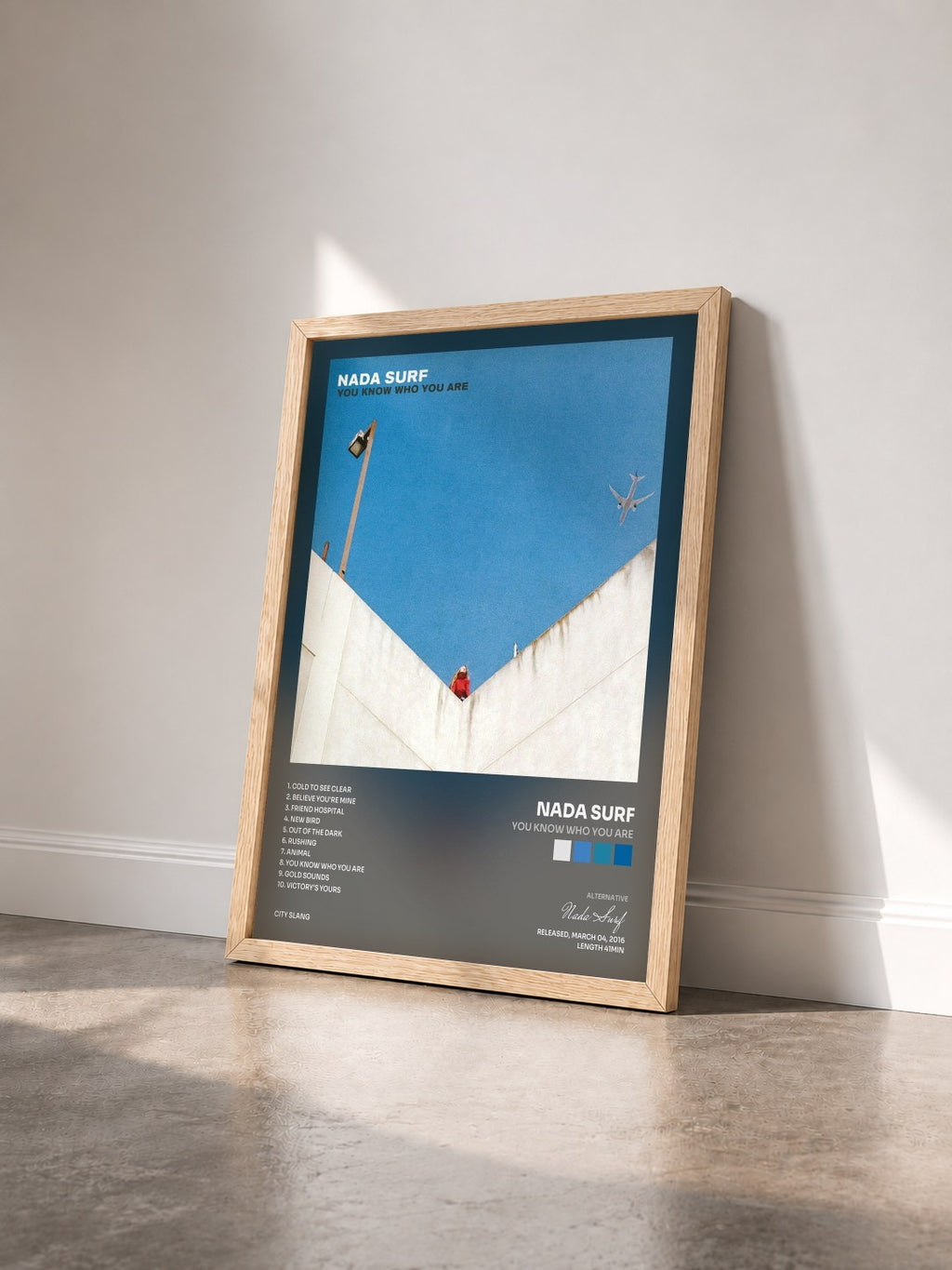 #bois Tableau de l'album You Know Who You Are de Nada Surf vu de trois quarts, cadre en bois brut