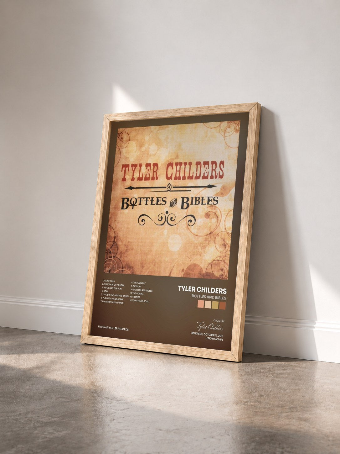 #bois Tableau de l'album Bottles and Bibles de Tyler Childers vu de trois quarts, cadre en bois brut