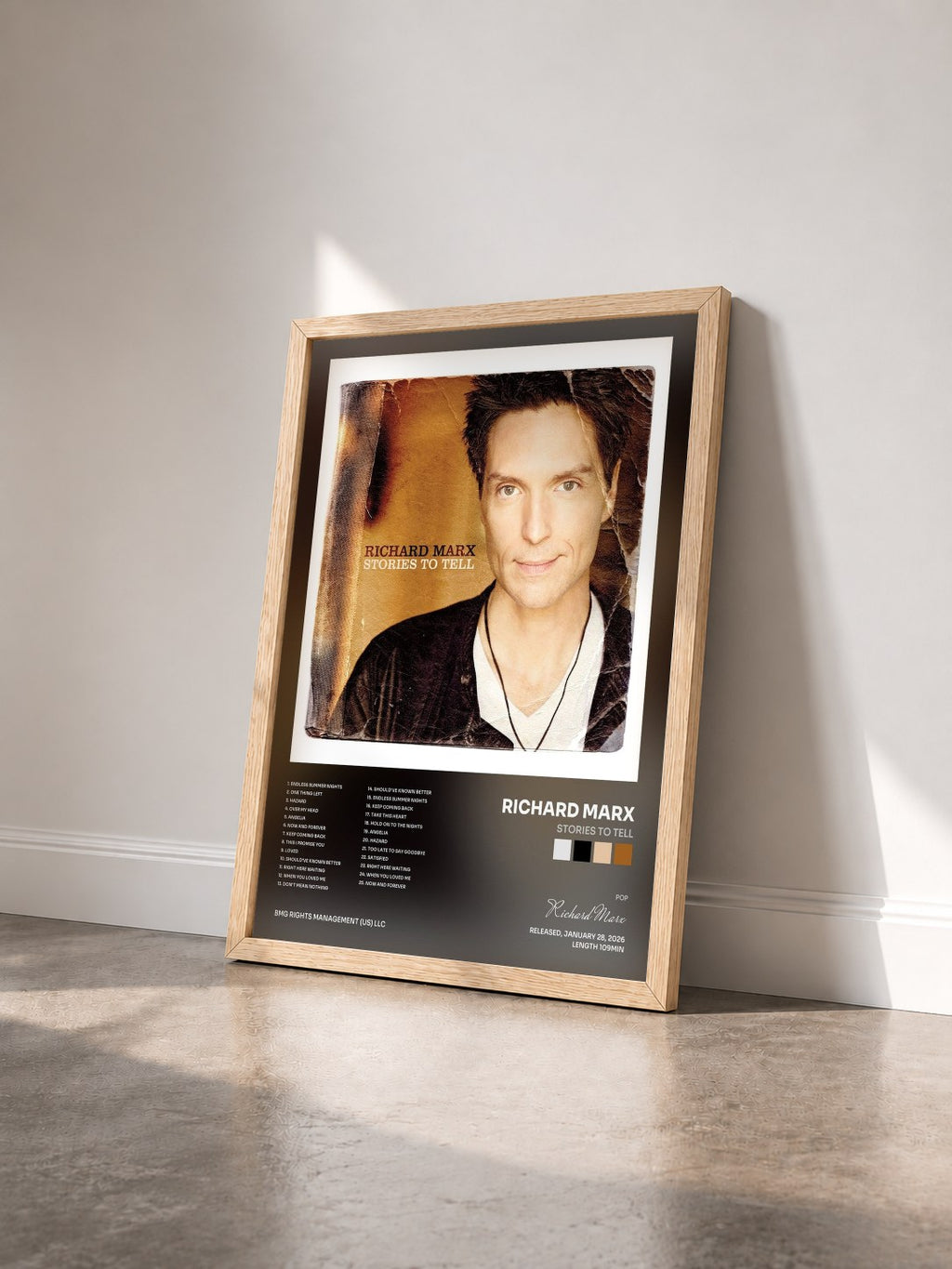 #bois Tableau de l'album Stories To Tell de Richard Marx vu de trois quarts, cadre en bois brut