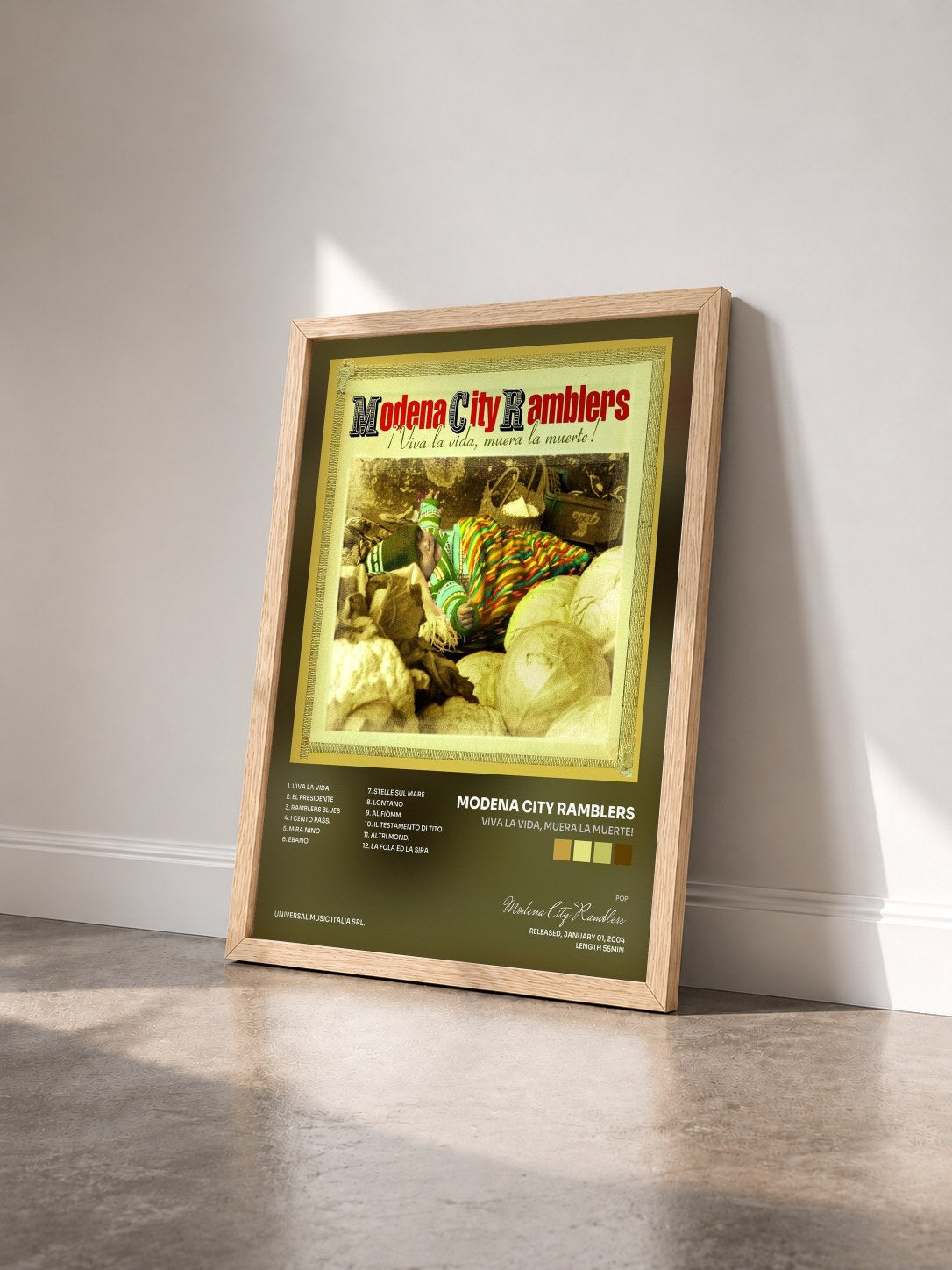 #bois Tableau de l'album Viva la Vida, Muera la Muerte! de Modena City Ramblers vu de trois quarts, cadre en bois brut
