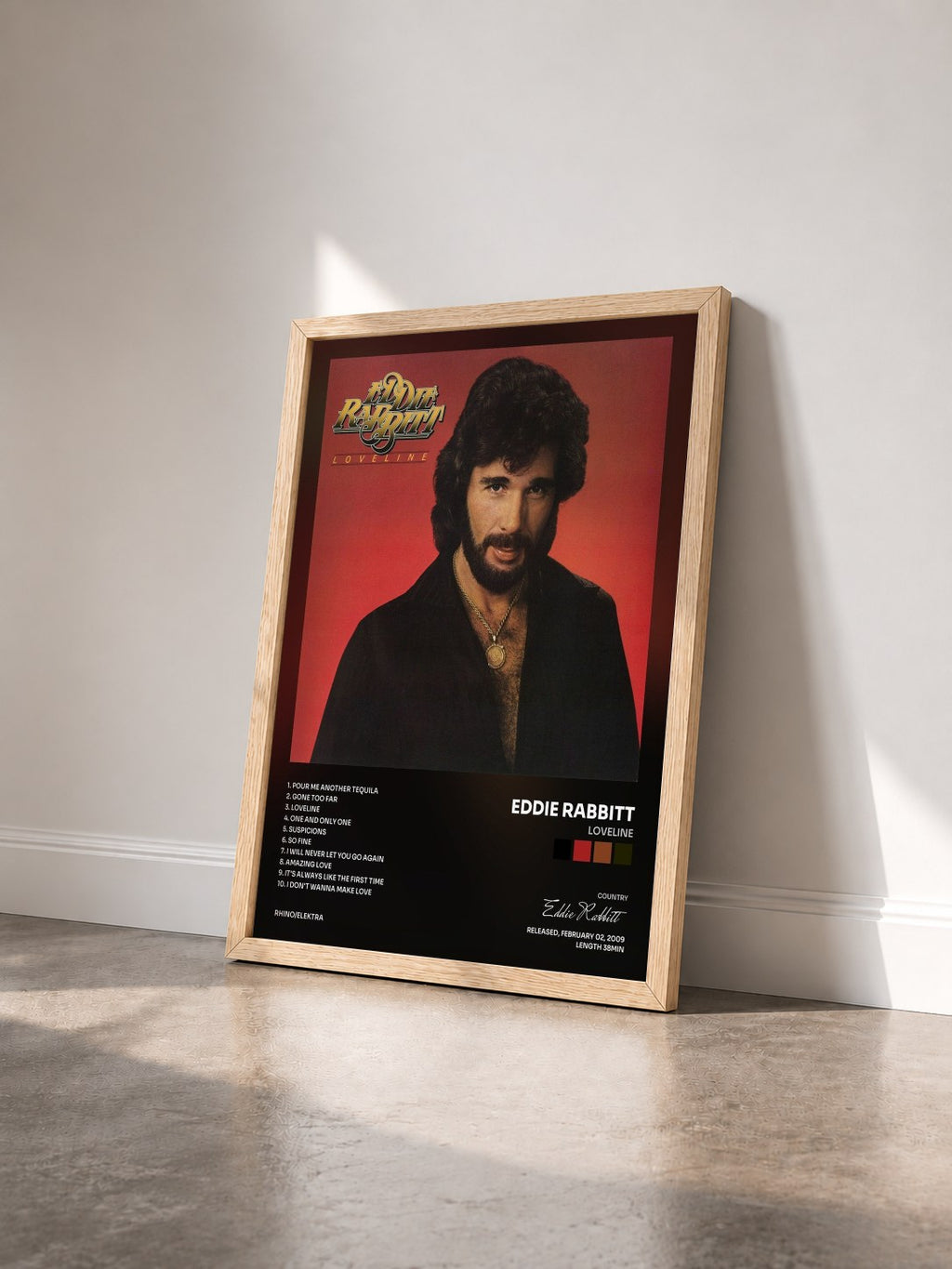 #bois Tableau de l'album Loveline de Eddie Rabbitt vu de trois quarts, cadre en bois brut