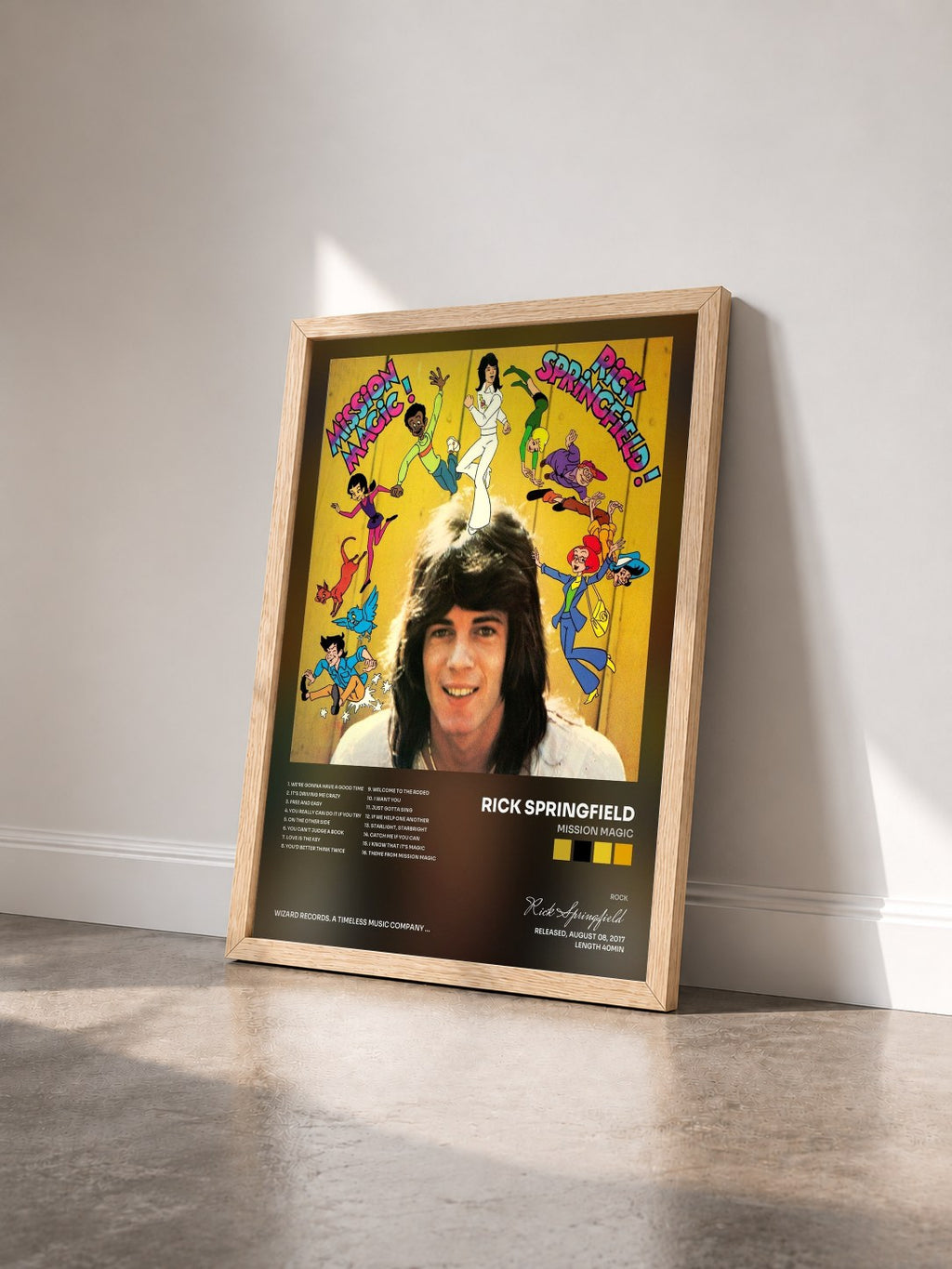 #bois Tableau de l'album Mission Magic de Rick Springfield vu de trois quarts, cadre en bois brut