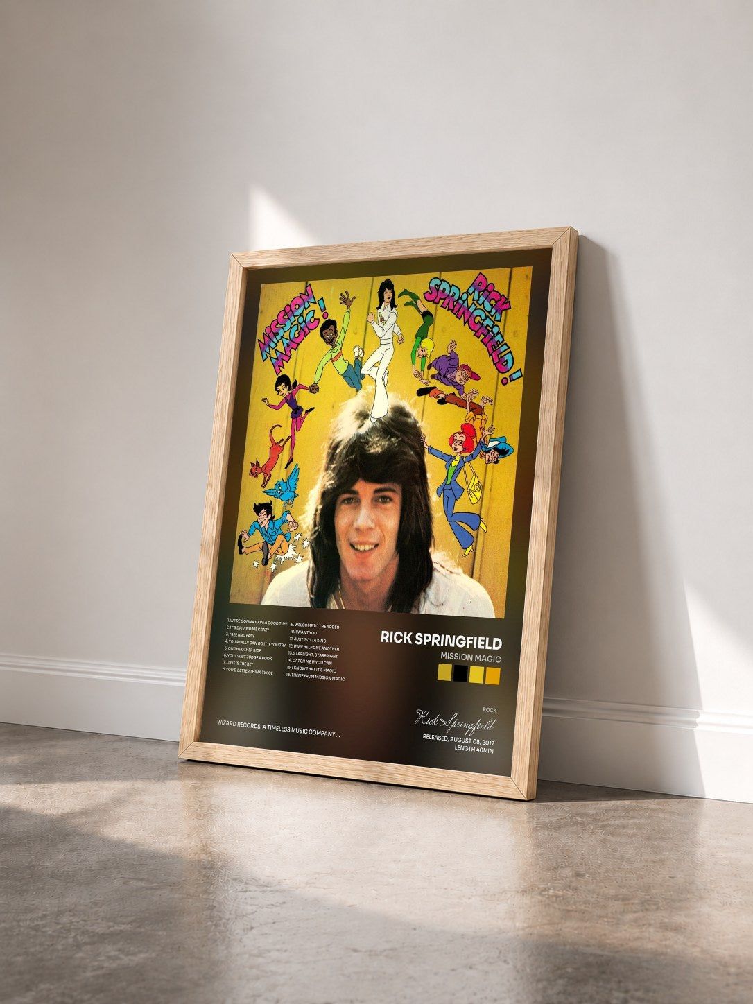 #bois Tableau de l'album Mission Magic de Rick Springfield vu de trois quarts, cadre en bois brut