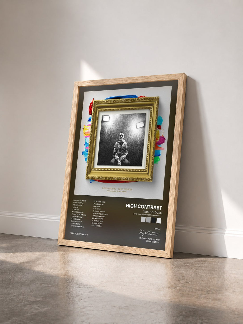 #bois Tableau de l'album True Colours (20th Anniversary Edition + Remixes) de High Contrast vu de trois quarts, cadre en bois brut