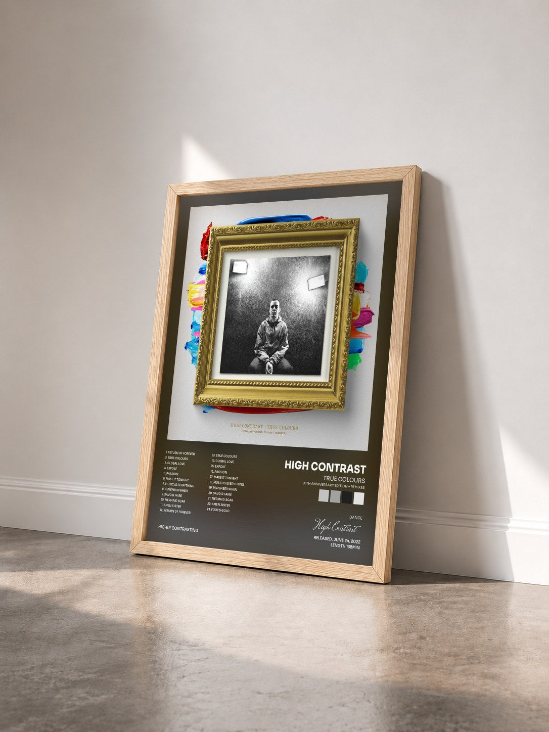 #bois Tableau de l'album True Colours (20th Anniversary Edition + Remixes) de High Contrast vu de trois quarts, cadre en bois brut