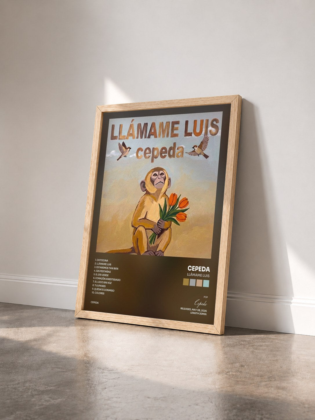 #bois Tableau de l'album Llámame Luis de Cepeda vu de trois quarts, cadre en bois brut