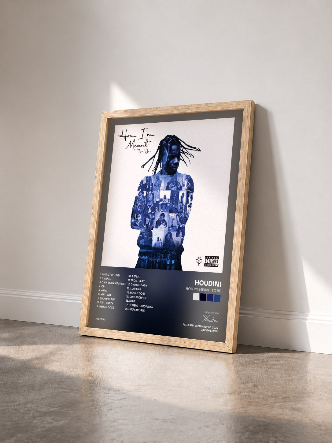 #bois Tableau de l'album Hou I’m Meant to Be de Houdini vu de trois quarts, cadre en bois brut