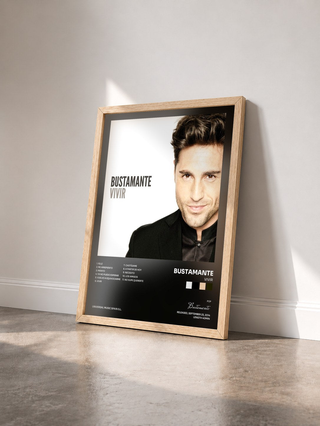 #bois Tableau de l'album Vivir de Bustamante vu de trois quarts, cadre en bois brut