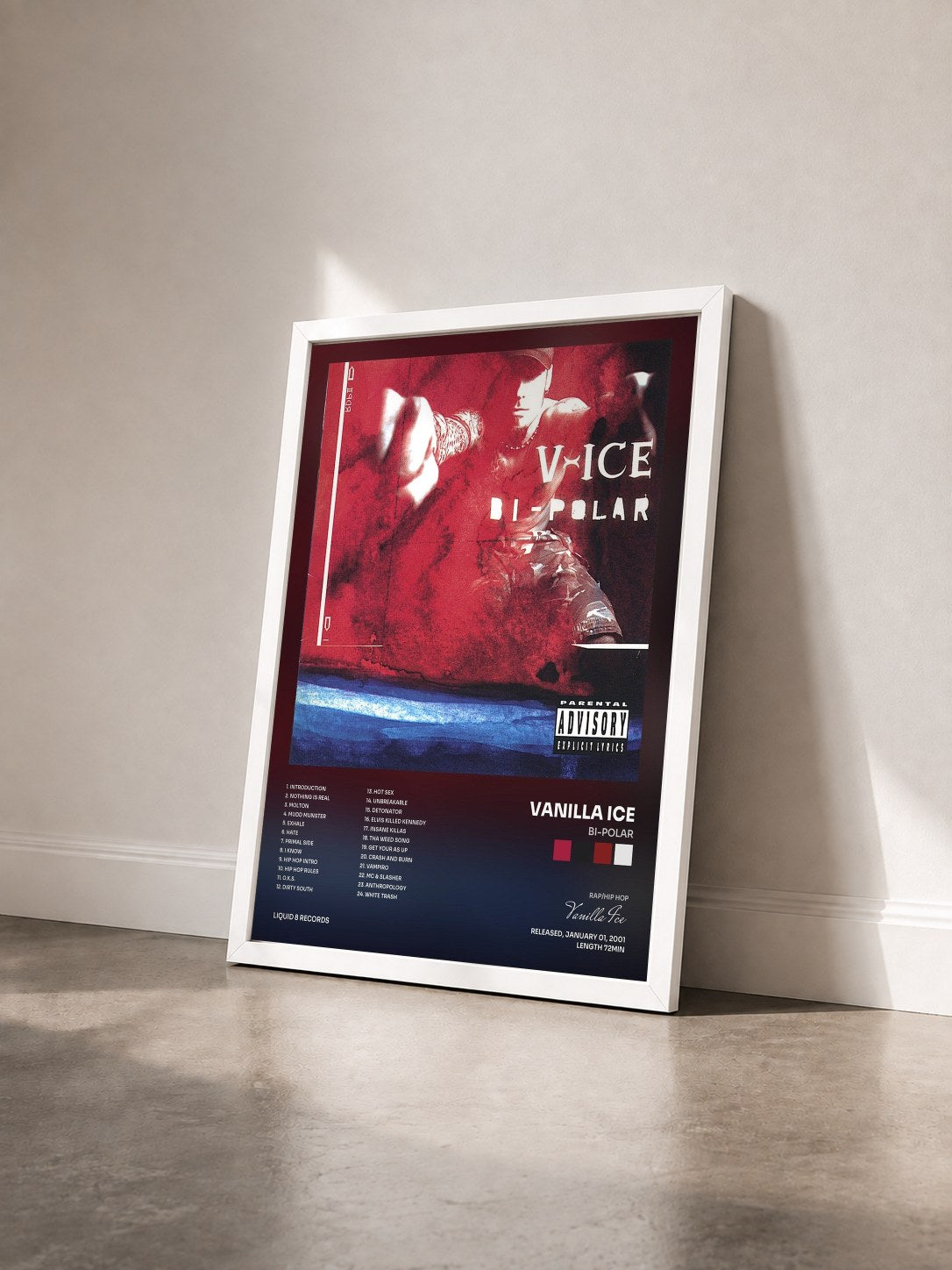#blanc Tableau de l'album Bi-Polar de Vanilla Ice vu de trois quarts, cadre blanc