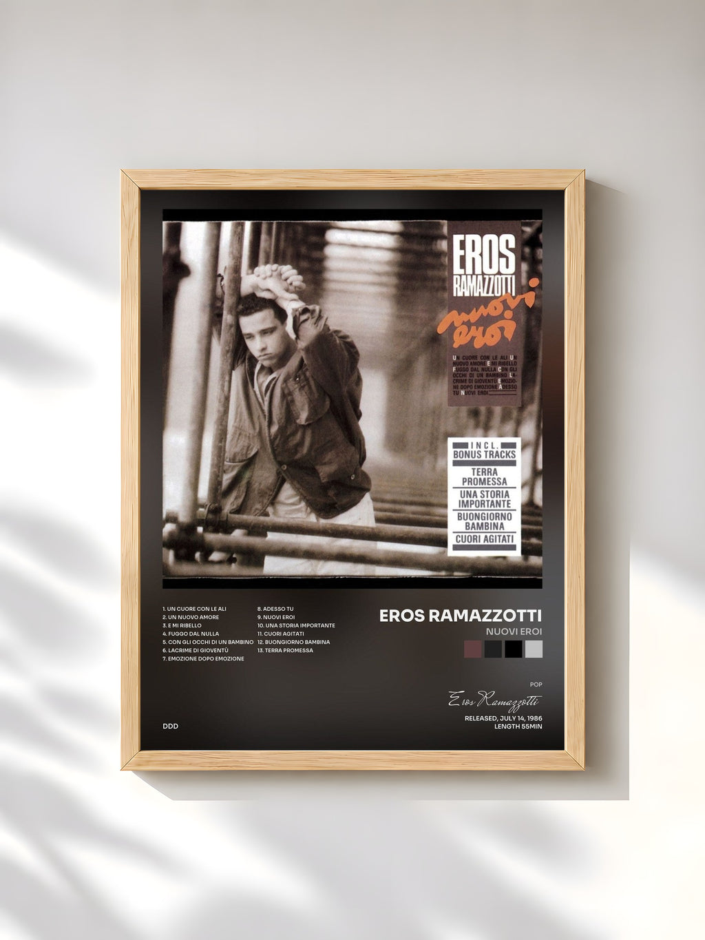 #bois Tableau de l'album Nuovi Eroi de Eros Ramazzotti, cadre en bois brut, imprimé et encadré en France