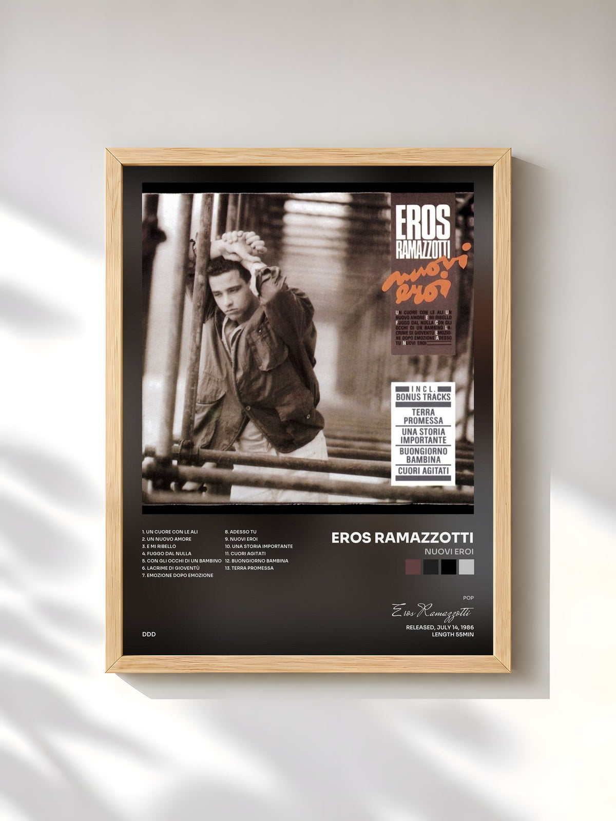 #bois Tableau de l'album Nuovi Eroi de Eros Ramazzotti, cadre en bois brut, imprimé et encadré en France