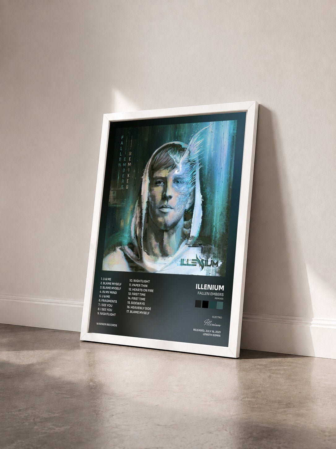 #blanc Tableau de l'album Fallen Embers (Remixes) de Illenium vu de trois quarts, cadre blanc