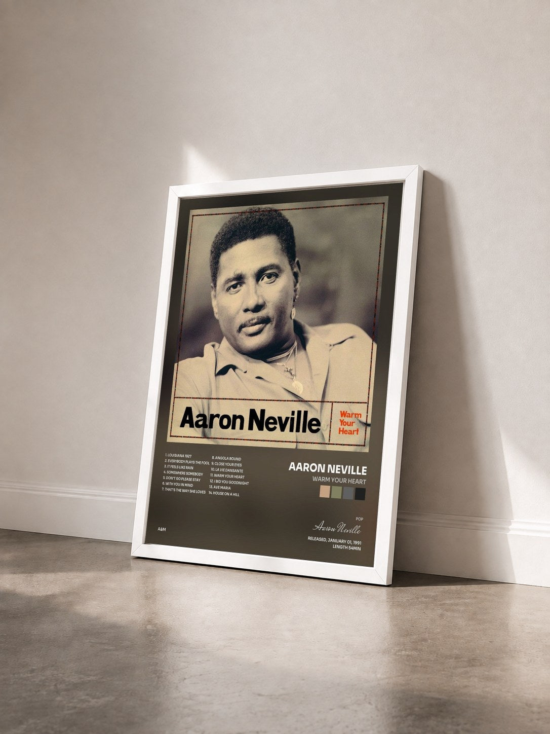 #blanc Tableau de l'album Warm Your Heart de Aaron Neville vu de trois quarts, cadre blanc