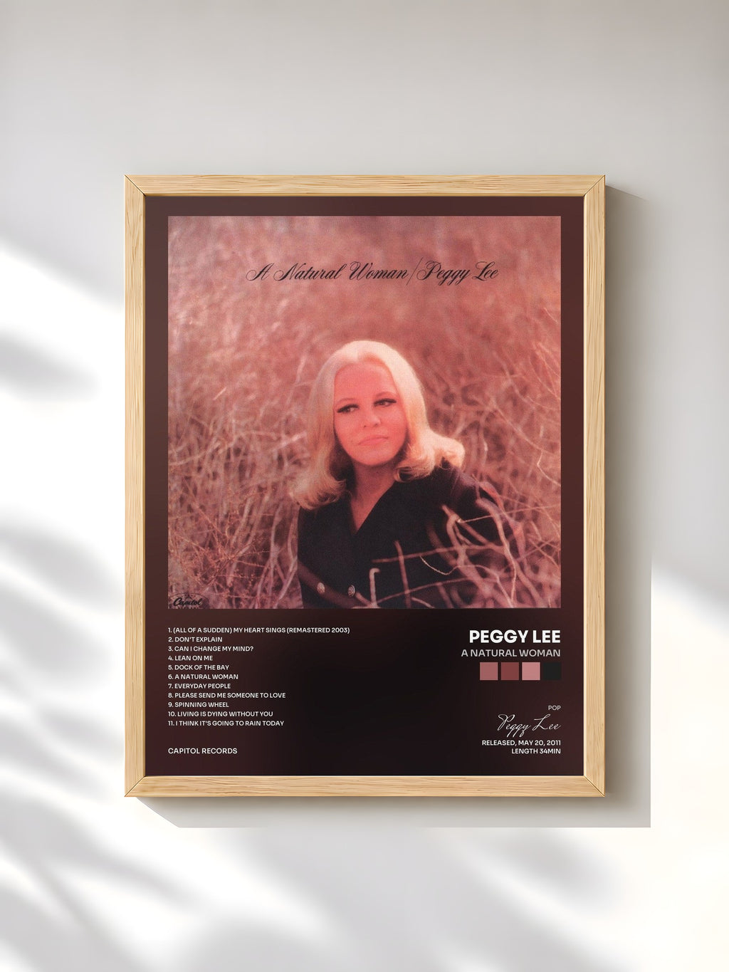 #bois Tableau de l'album A Natural Woman de Peggy Lee, cadre en bois brut, imprimé et encadré en France