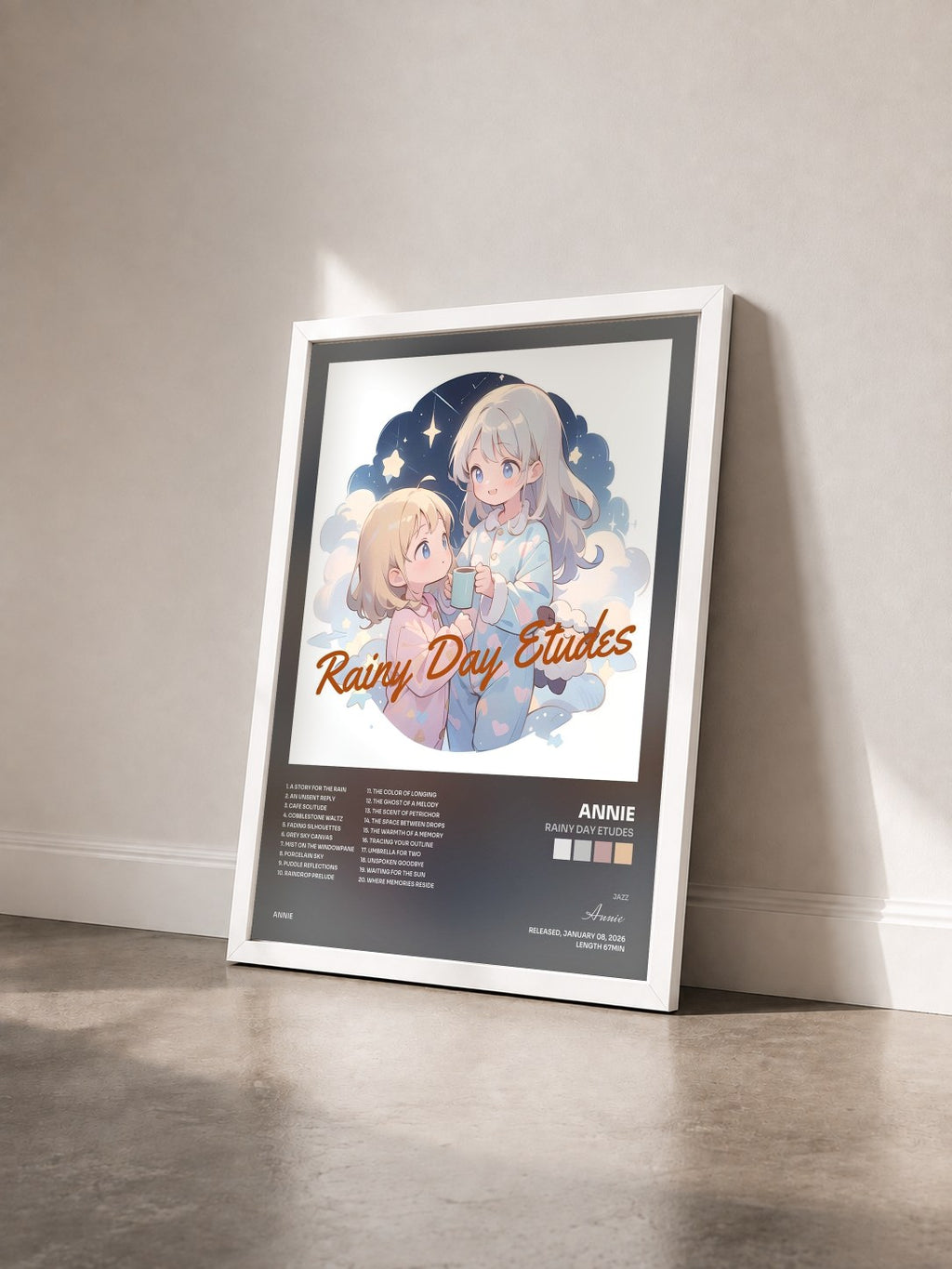 #blanc Tableau de l'album Rainy Day Etudes de Annie vu de trois quarts, cadre blanc