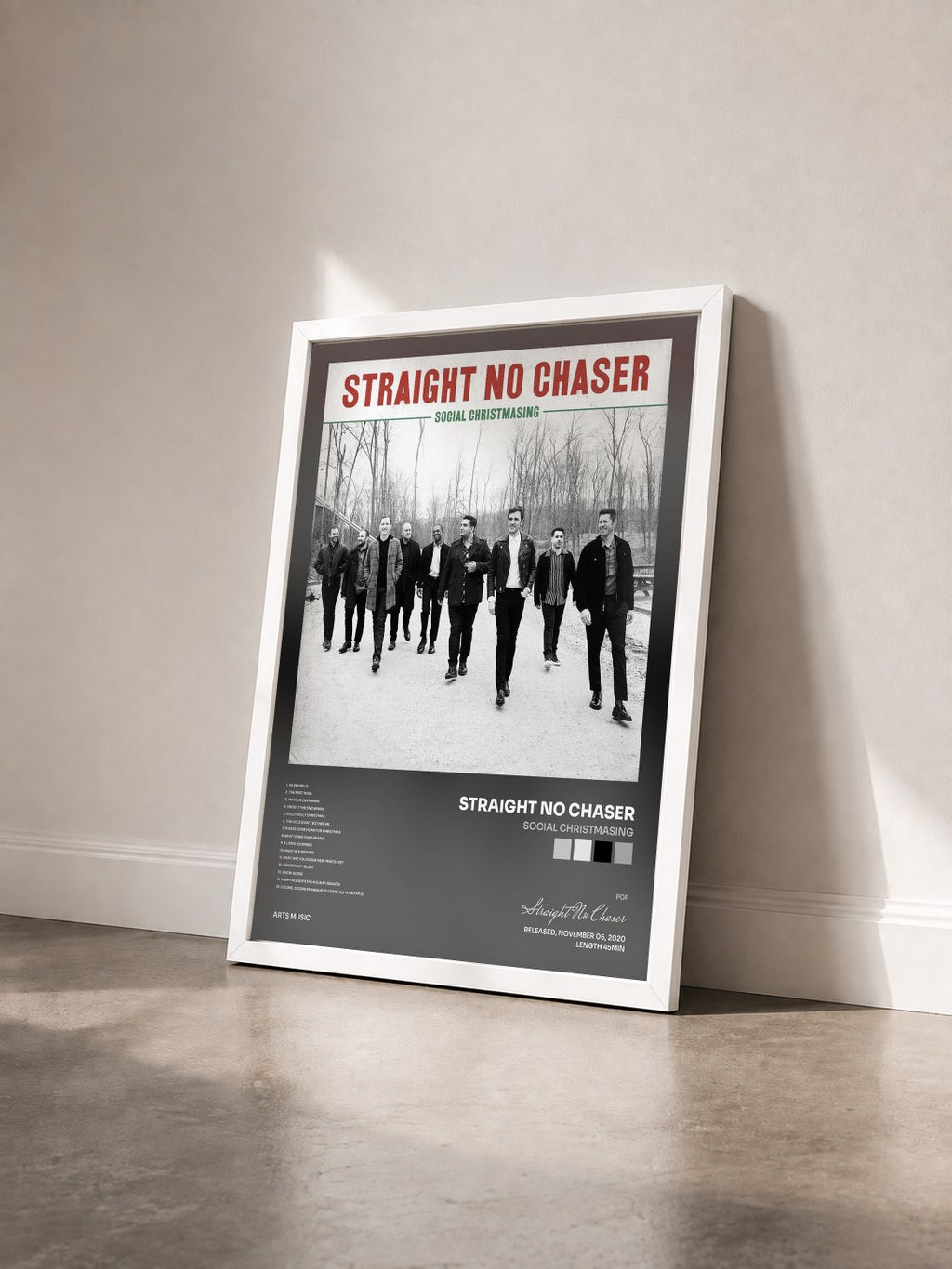 #blanc Tableau de l'album Social Christmasing de Straight No Chaser vu de trois quarts, cadre blanc