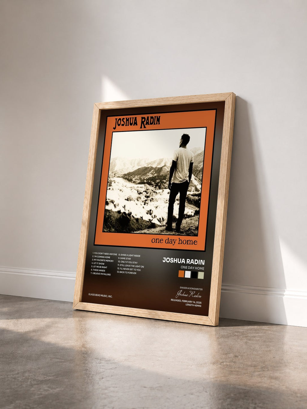 #bois Tableau de l'album ONE DAY HOME de Joshua Radin vu de trois quarts, cadre en bois brut