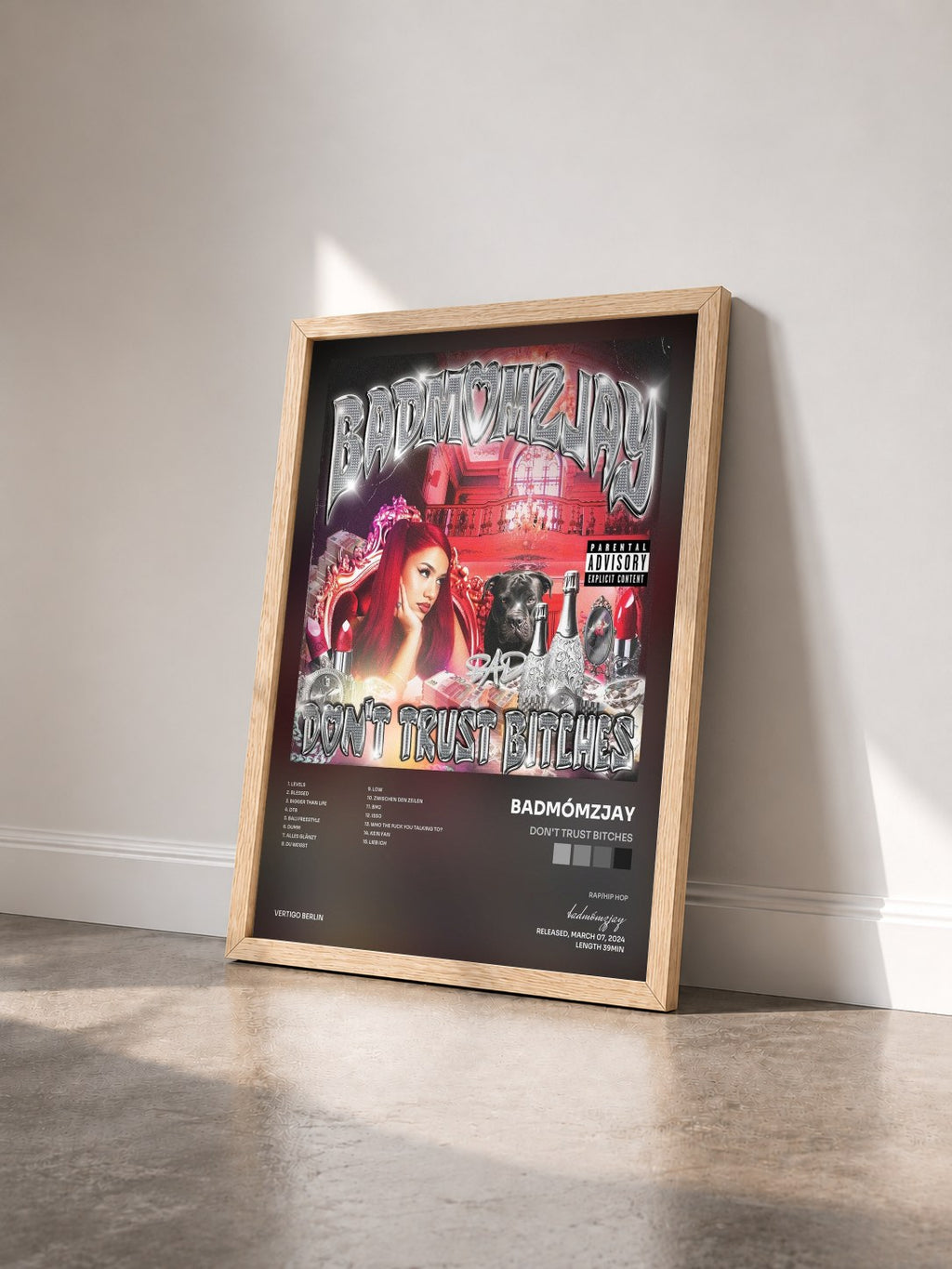 #bois Tableau de l'album Don't Trust Bitches de badmómzjay vu de trois quarts, cadre en bois brut