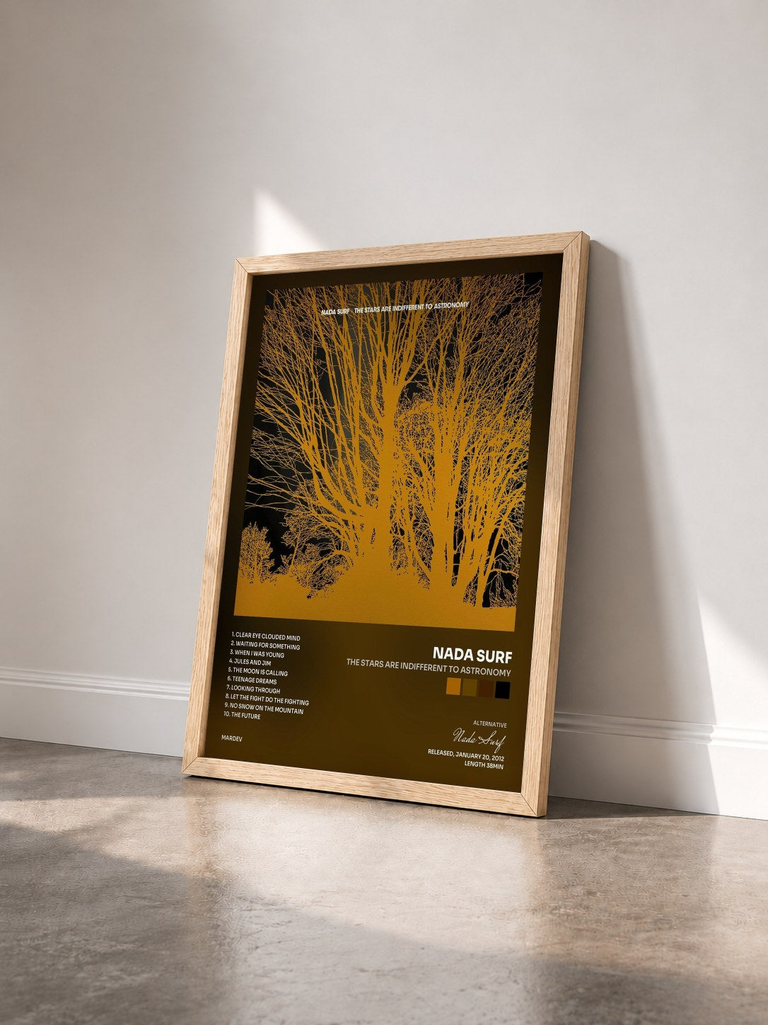 #bois Tableau de l'album The Stars Are Indifferent to Astronomy de Nada Surf vu de trois quarts, cadre en bois brut