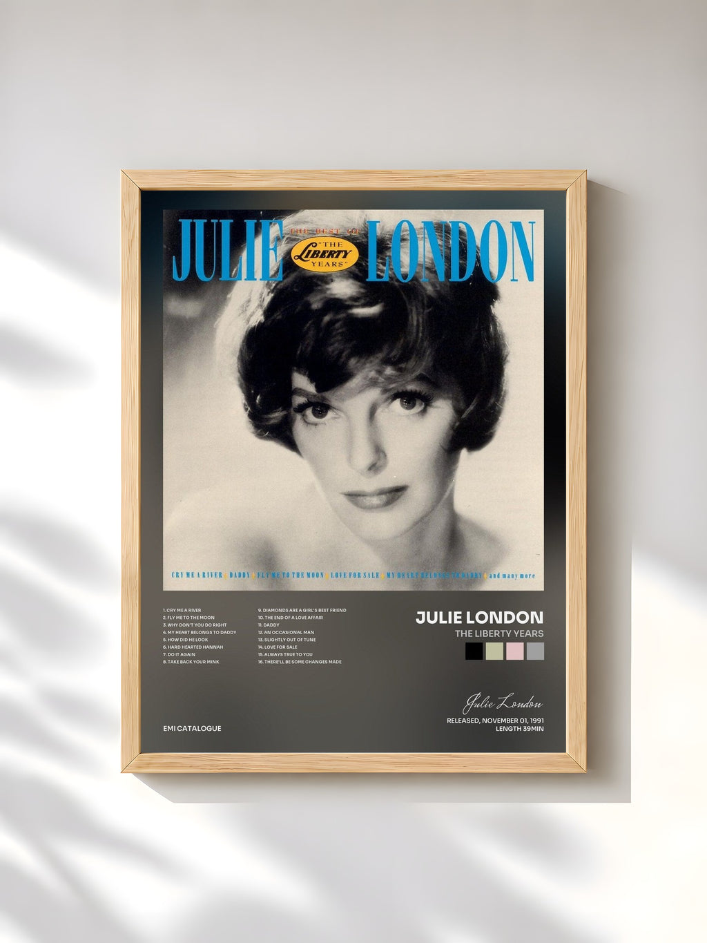 #bois Tableau de l'album The Liberty Years de Julie London, cadre en bois brut, imprimé et encadré en France