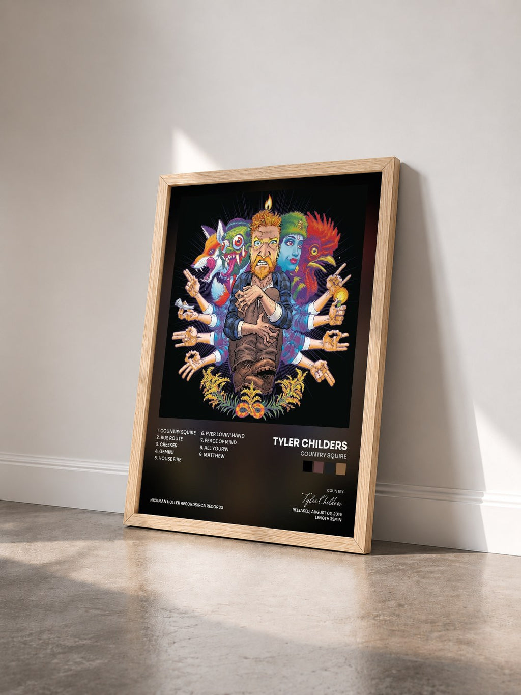 #bois Tableau de l'album Country Squire de Tyler Childers vu de trois quarts, cadre en bois brut