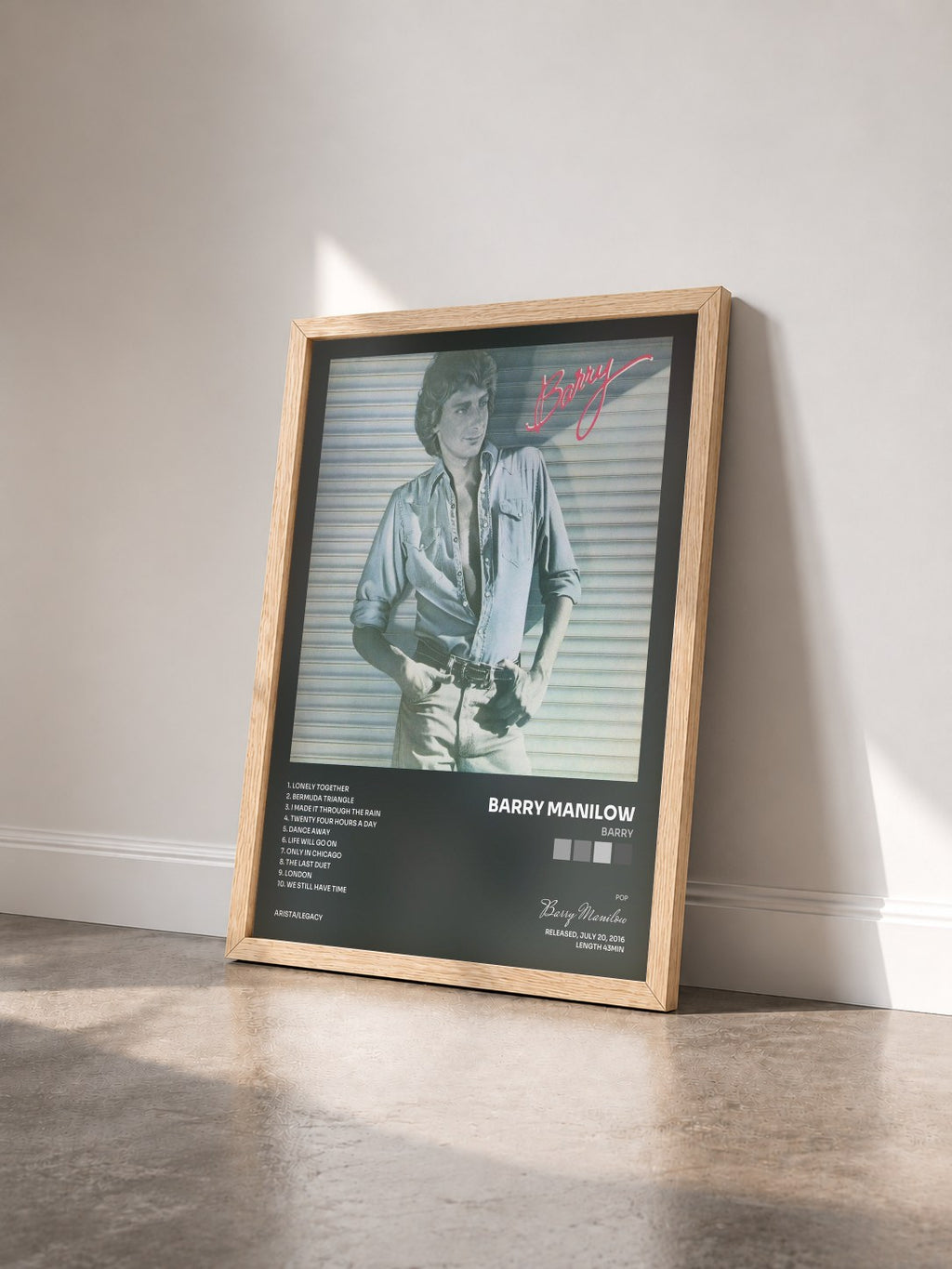 #bois Tableau de l'album Barry de Barry Manilow vu de trois quarts, cadre en bois brut